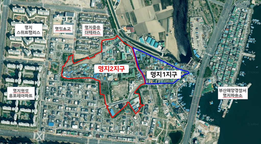 명지2지구 위성지도 이미지 - 명지2지구 왼쪽으로는 명지스위트팰리스, 명일초교, 명지중흥더테라스, 명지협성 휴포레아파트, 명지2지구, 명지1지구, 부산해양경찰서명지파출소 등이 있습니다.