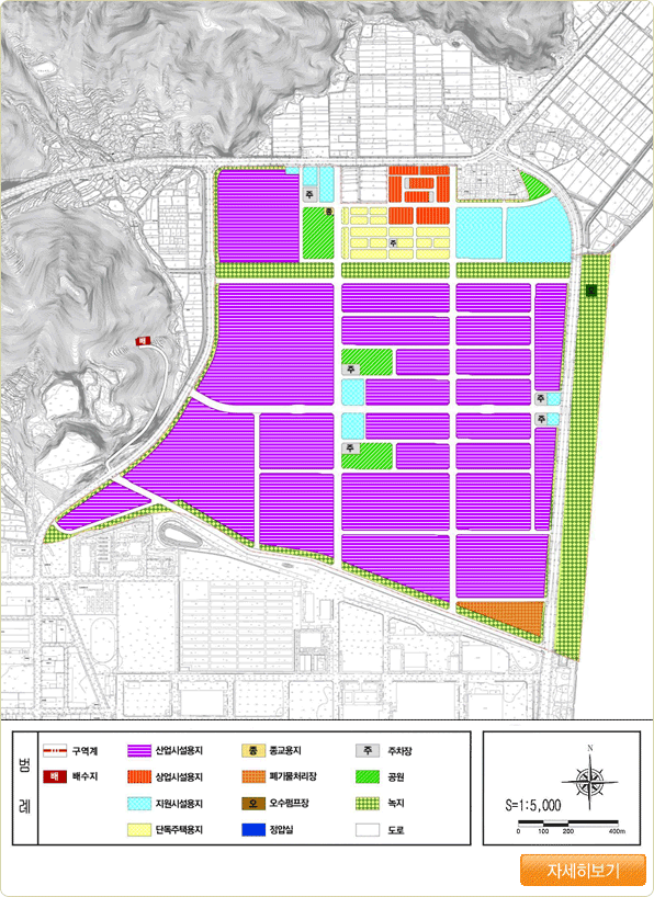 화전일반산업단지의 지도로  구역계,배수지,산업시설용지,상업시설용지,지원시설용지,단독주택용지,종교용지,폐기물처리장,오수펌프장,정압실,주차장,공원,녹지,도로 등을 표시하였으며 이미지를 클릭하면 더 큰 이미지를 보실수 있습니다.