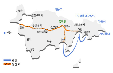 지도 이미지 - 뱃길:천성-대항-외양포, 등산로:선창-동선.성북-연대봉-혜덕사-천성/대항